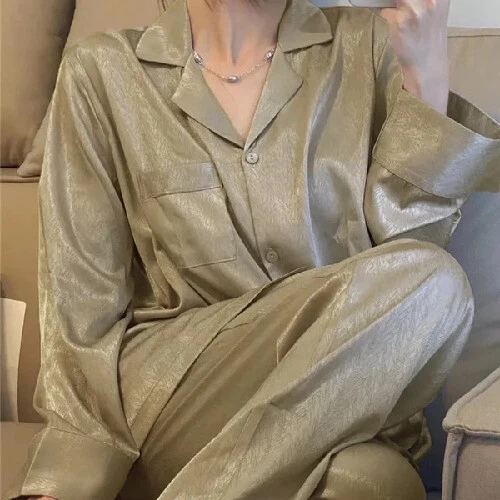 Pijama Seda Hielo Mujer Pijama Primavera Manga Larga Hogar Set - Imagen 1 de 49