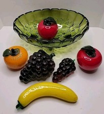 Vintage Lot of 7 Piece Hand Blown Glass Fruits  Vegetables With Glass Bowl.
