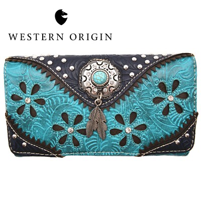 Western Style Feather Floral Crossbody Wallet Women Wristlet Trifold Clutch