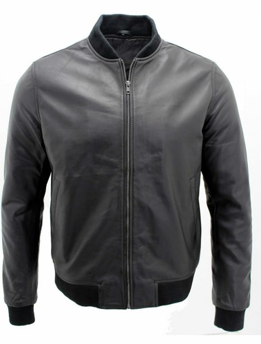 Men's Casual Black Varsity 100% Leather Bomber Jacket - 第 1/8 張圖片
