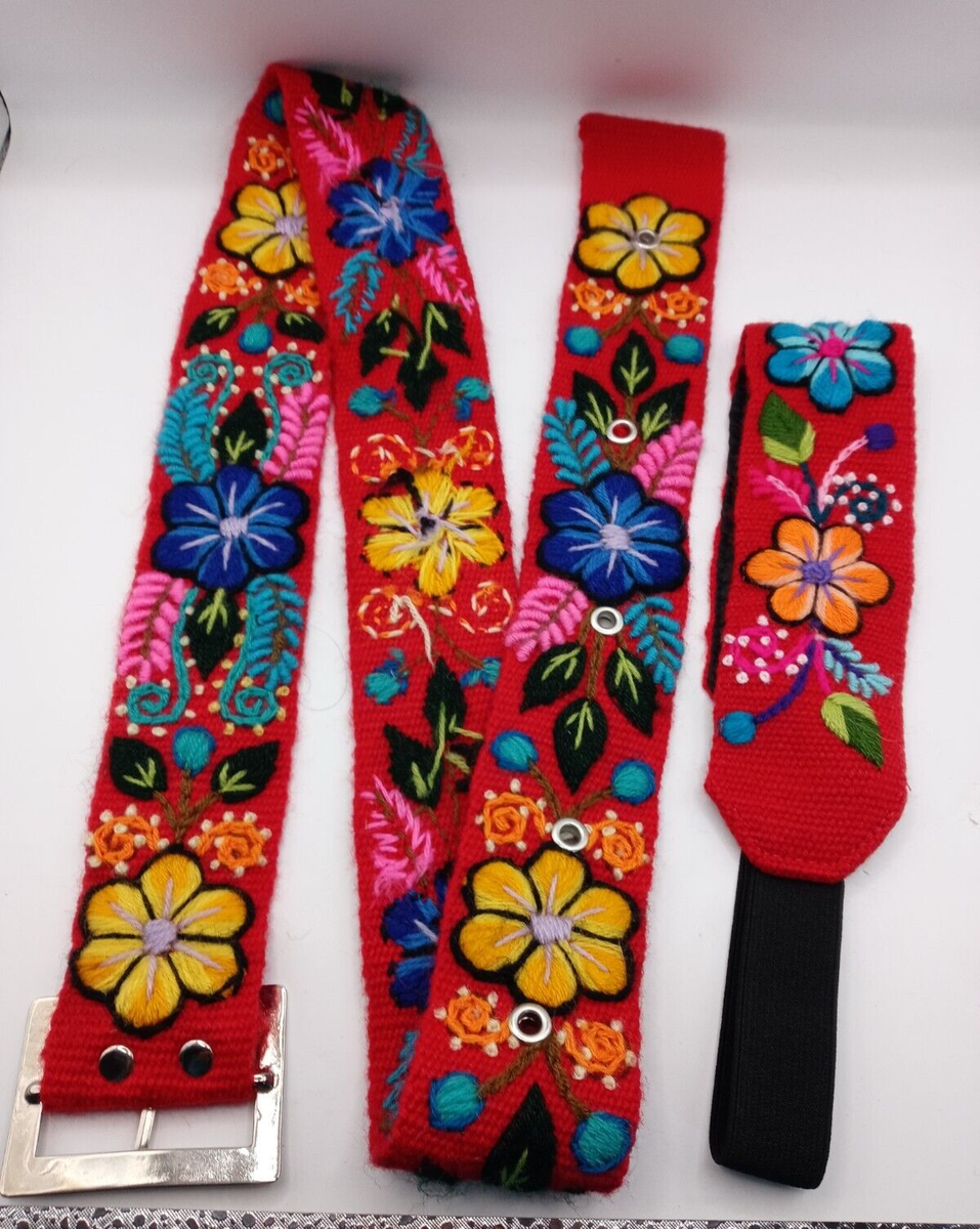 Multicolored Flower Wool Fabric Headband Belt Set Ayacucho Peruvian Handmade Embroidered Wool Belt with Floral Pattern  main image 3