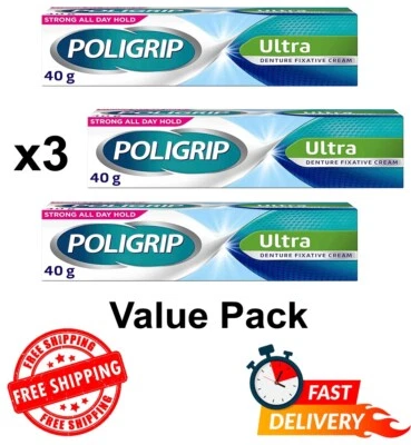 3 x Poligrip Ultra Denture Fixative Cream 40g Polygrip zinc free - Mint Flavour