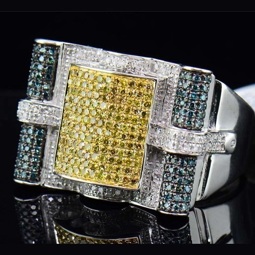 1.45 Ctw Blue & Yellow Diamond 14K White Gold Plated Statement Band Men's Ring