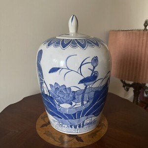 VTG Blue White Chinese Porcelain Ginger Jar Vase Pot Canister Bird Water Lilies