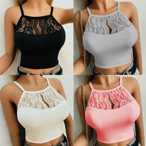 Women's Lace Crop Tops Sexy Spaghetti Strap Tank Sleeveless Vest Camisole Shirts - Picture 1 of 50