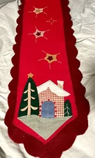 Felt Holiday Table Runner Red w/Snowy House 84x14 Applique, Christmas Winter
