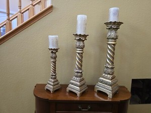 Antique Vintage Set of 3 Ornate Decorative Pillar Candle Holders in Gold Color