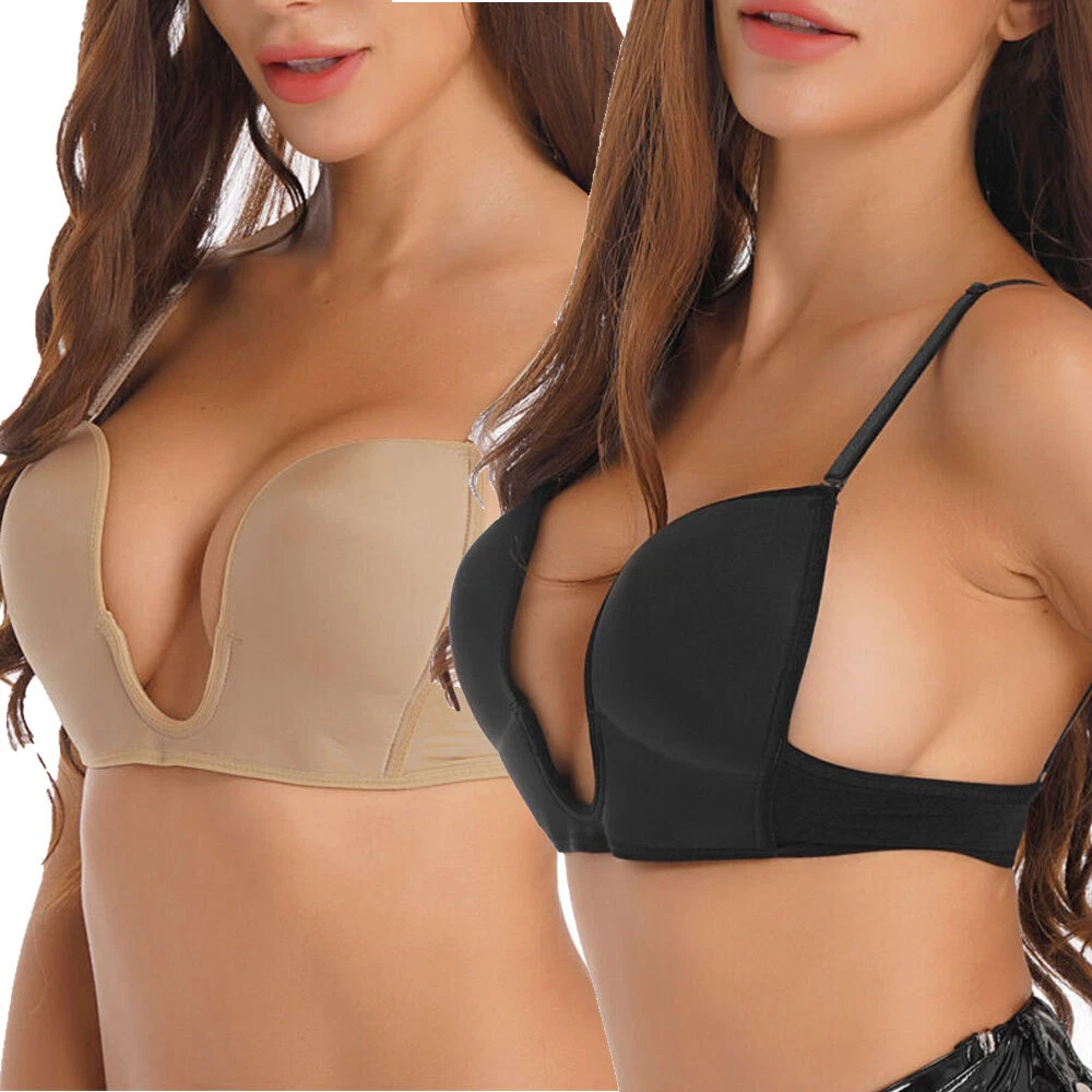 Women Deep U Plunge Push Up Padded Bra Spaghetti Strap Low Cut Seamless  Lingerie