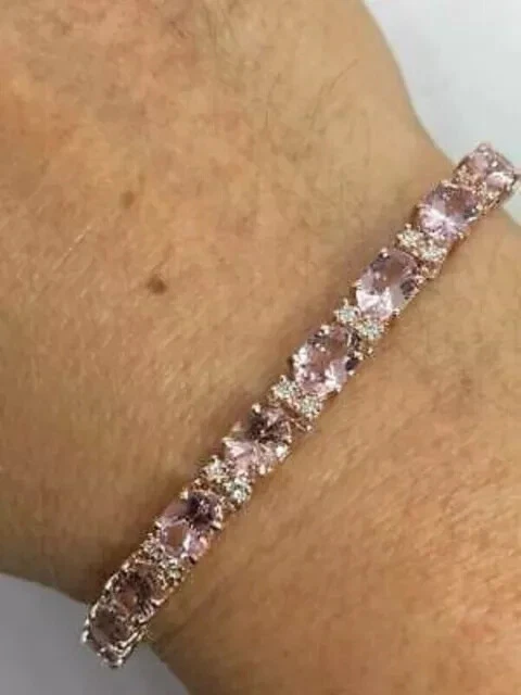 Женский теннисный браслет из персика морганита овальной огранки 12 карат с покрытием из розового золота 14 карат - Изображение 2 из 4