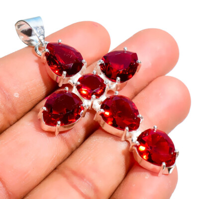 Mozambique Garnet Handmade Gemstone 925 Sterling Silver Jewelry  Pendant 2.30''