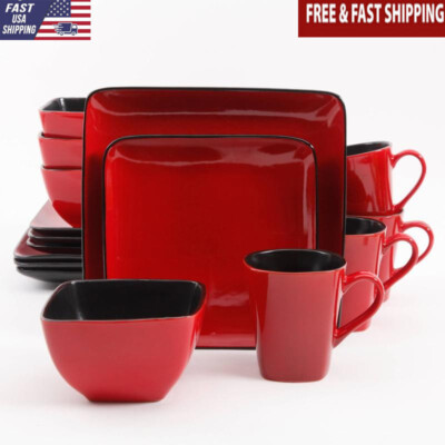 Square Dinnerware Set 16pc Red Stoneware Dining Plates Bowls Mugs Gift New