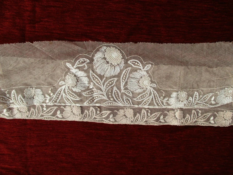 Haut de combinaison broderie sur tulle ancien 1925-1930 rose pâle 1,05 m x 12 cm - Photo 2/4