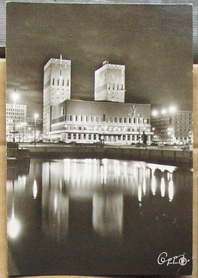 NORWAY, b/w postcard OSLO, CITY HALL by NIGHT posted 1956.