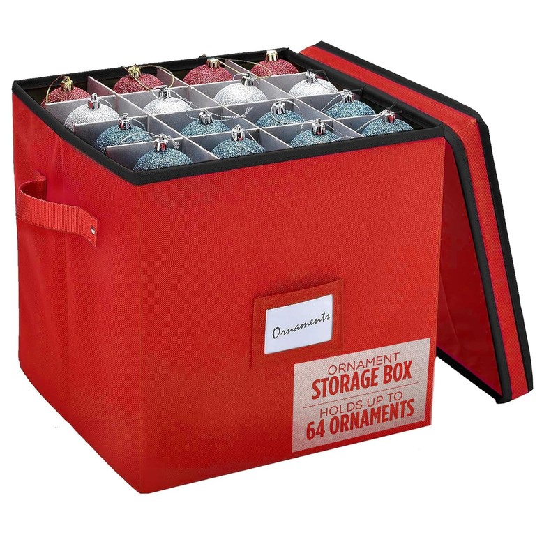 Christmas Ornament Storage Box Holds 64 Ornaments Adjustable Dividers Red