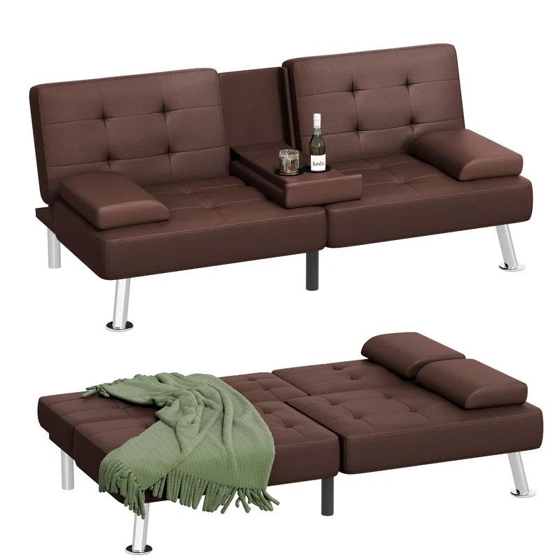 NEW Convertible Futon Sofa Bed PU Leather Sleeper Couch w/Cup Holders ...
