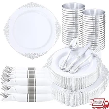 50 Guest Plastic Dinnerware Set Plates Utensils Cups Napkins Weddings Parties US