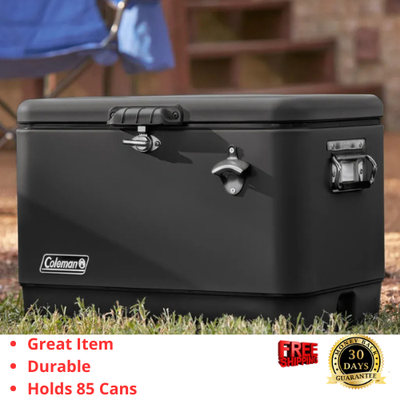 #ad Coleman 54 Qt Steel Belted Cooler Stainless Ice Chest Bottle Opener New $207.99