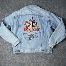 Vtg 1997 Looney Tunes Denim Jean Jacket Mens M 1990s Embroidered Coat 90s