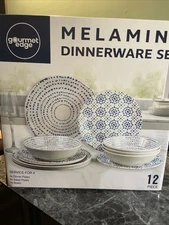 12-Piece Melamine Dinnerware Set -Service for 4, Blue Glaze -Dishes,Plates,Bowls