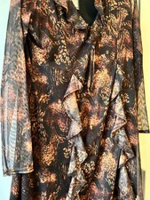 Gorgeous dress brown Chiffon Ruffle Frill animal print dress size 22