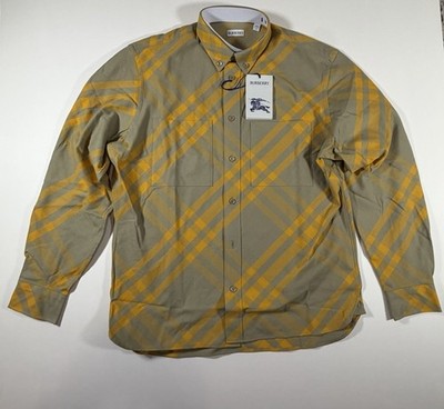 Burberry Men's Hunter Yellow Check Cotton Dress Shirt M Long Sleeve