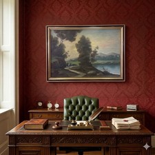 quadro dipinto a olio su tela paesaggio montano con cornice oro in stile antico