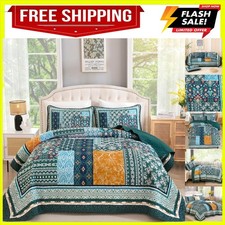 Green Quilt Set Queen Size, 3 Pieces Boho Patchwork Quilt Reversible Lightwei...