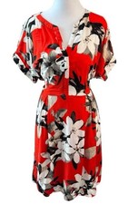 NWT Vera Wang Dress Womens Red Floral Linen Flare Tie Waist