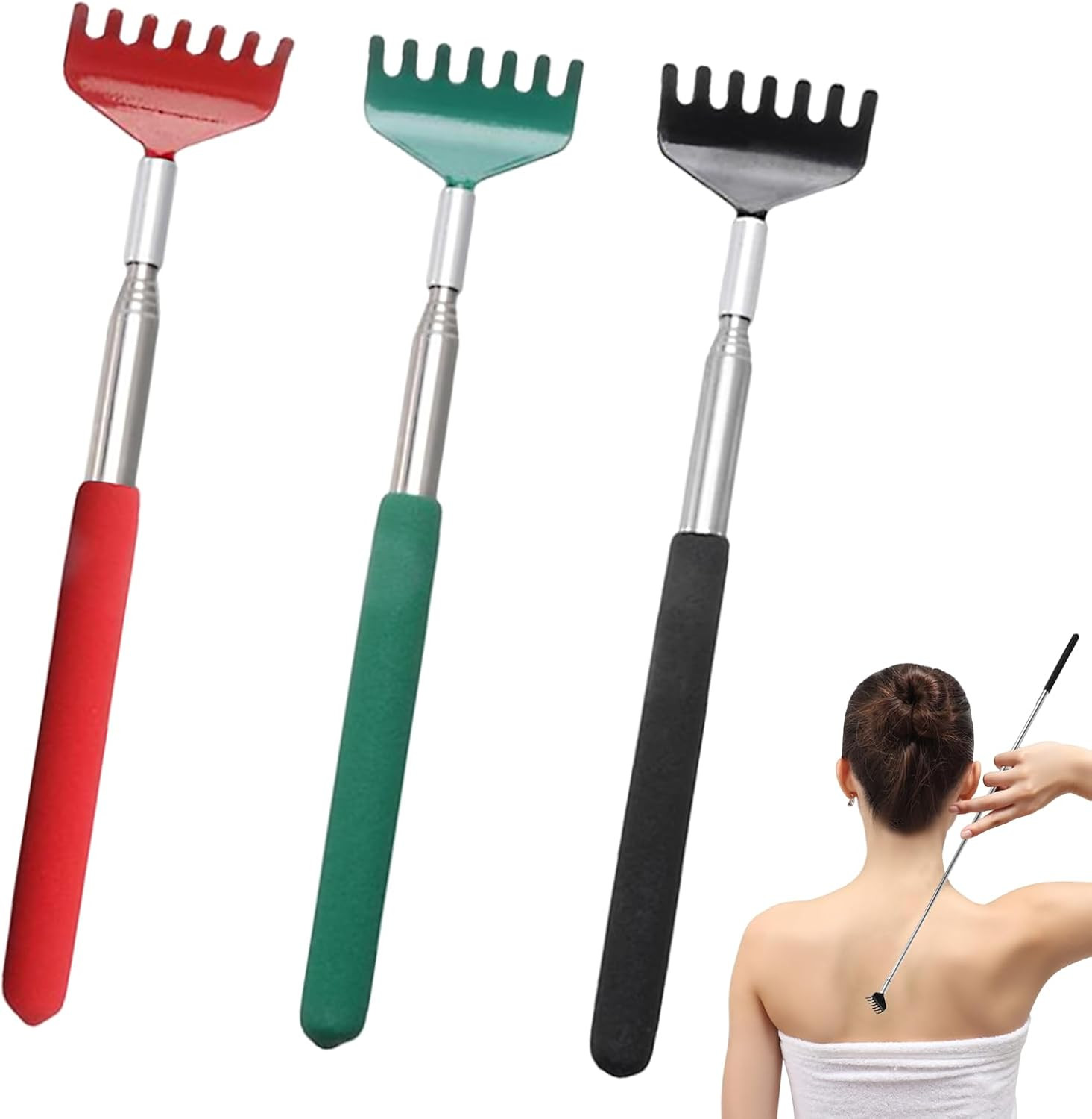 3PCS Extendable Telescopic Back Scratcher Rake Head Style Itch Relief Massager S