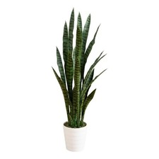 Nearly Natural 4ft UV Resistant Sansevieria Plant in White Planter in Green