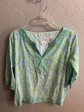Gretchen Scott Size XL White Green Blue Print Ladies Top Women