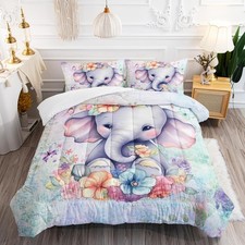 Girls Cute Baby Elephant Bedding Set, Twin Size, Kawaii Little Sitting Elepha...