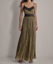 DKNY Women's Gold Pleated Metallic Lace-Trim Sleeveless Gown Dress Size 4