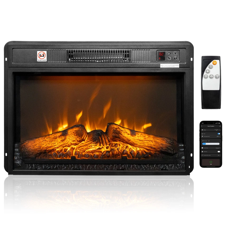 26" Electric Fireplace Insert Wall-Mount Heater 1400W Remote Control & WIFI