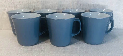 7 Vintage CORNING WARE / PYREX Milk Glass BLUE Coffee Cups / Mugs