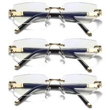 3PK Mens Diamond Shape Rimless Blue Light Blocking Reading Glasses Metal Readers