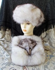 Vintage Fox Fur Hat Tam 22 1/4" Matching Plush Muff White W/Dark Brown Tips