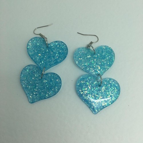Large double heart earrings , holo Glitter, Resin Kitsch Fun 8.2cm Long - Picture 20 of 88