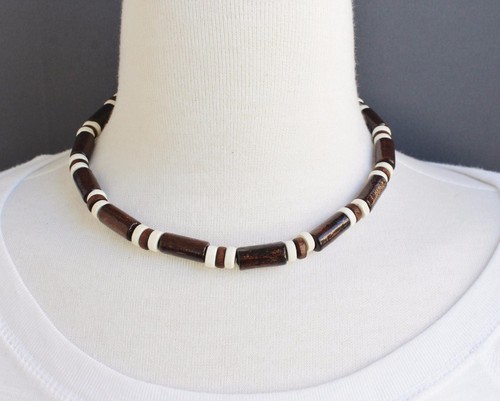 Wood beaded choker necklace stretchy choker collar 15.5" long surfer skater - 第 1/4 張圖片