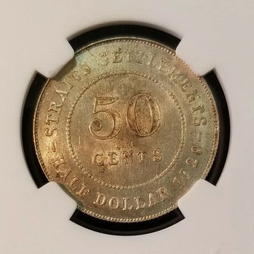1920 STRAITS SETTLEMENTS SILVER 50 CENTS CROSS BELOW BUST NGC MS 62