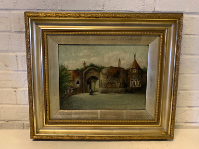 Antique 19thC British Oil Painting Nottingham Castle Gatehouse Signed F. Gamble