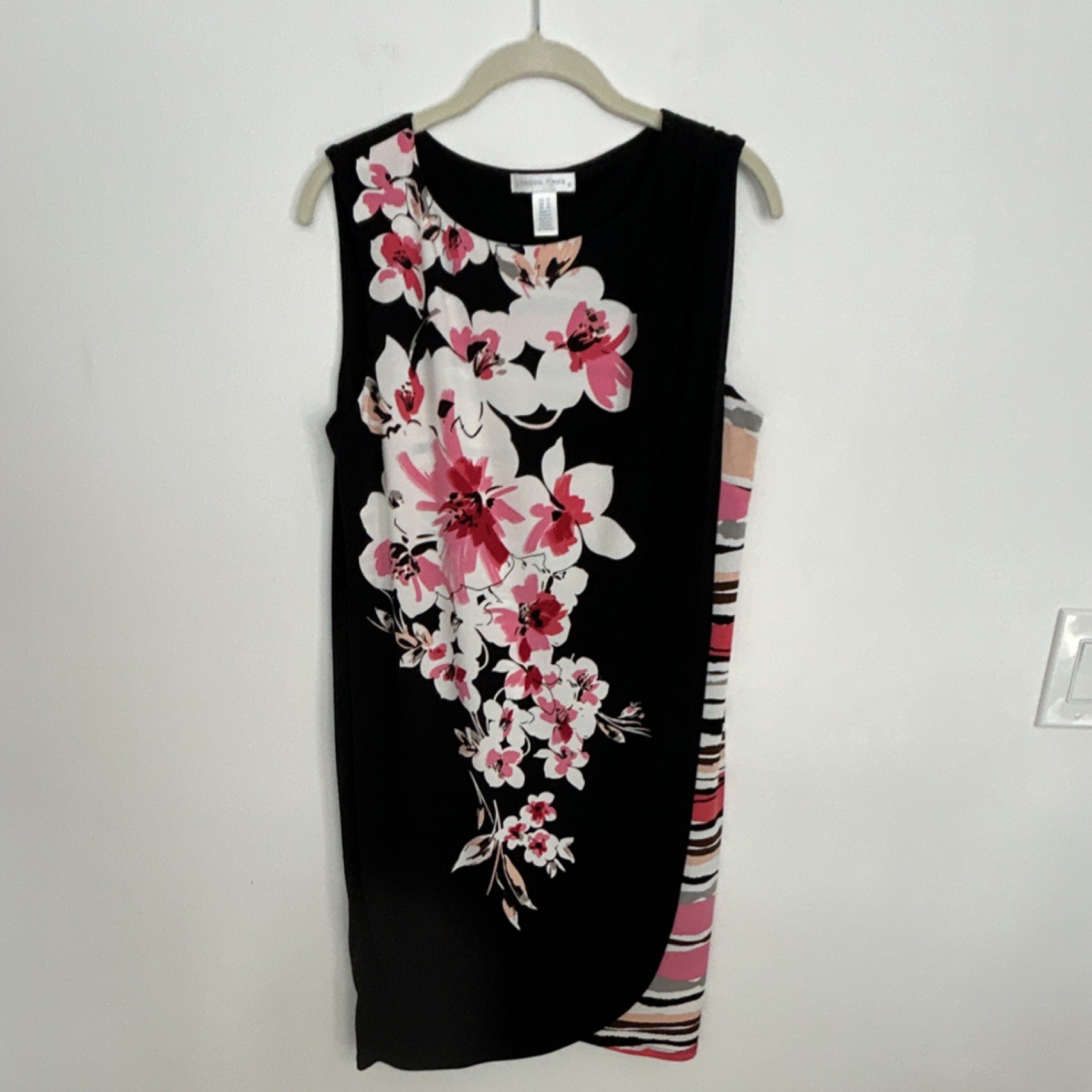 London Times Sheath Dress Floral Striped Sleeveless Knee Length Black Pink US 10