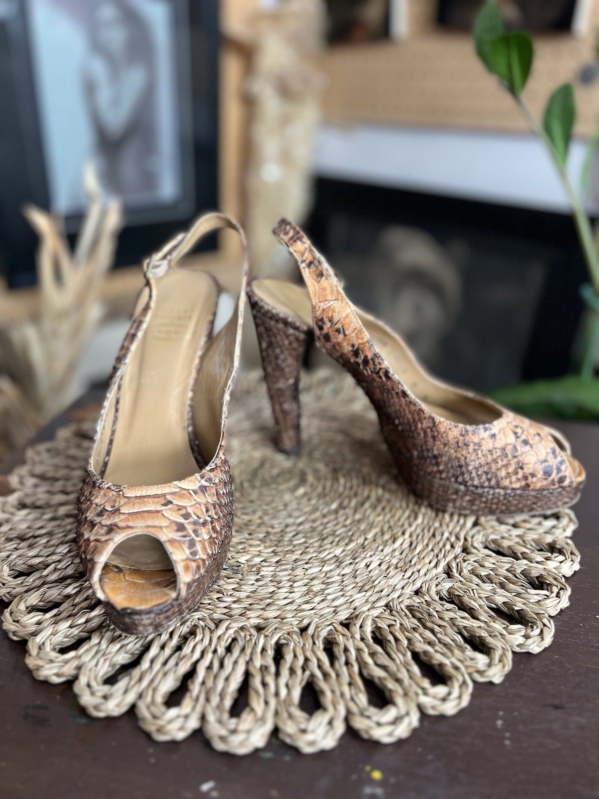 Stuart Weitzman Python embossed Peep Toe Slingbac… - image 1