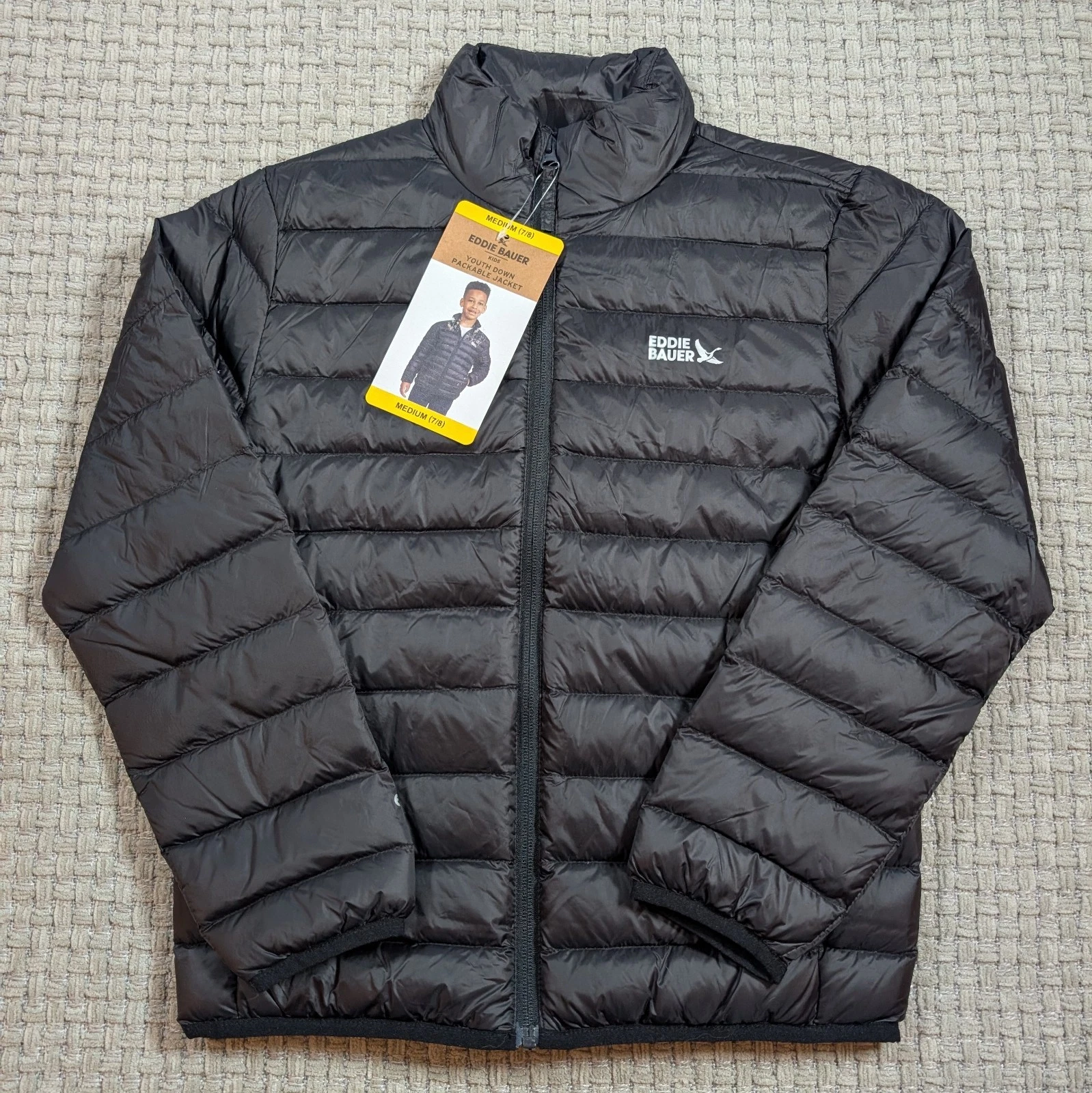 Eddie Bauer Youth Packable Down Jacket Medium 7/8 Black Lightweight Warmth NWT
