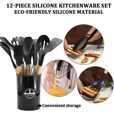 12Pcs Kitchen Silicone Utensil Spatula Set Heat-Resistant Wooden Cooking Handle