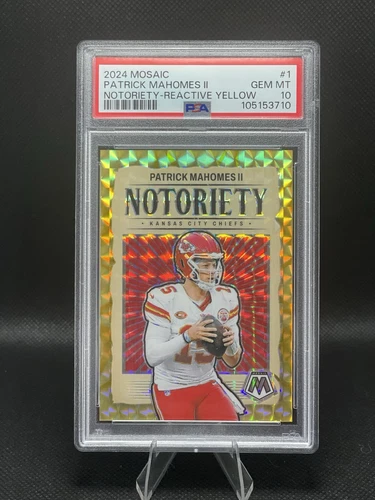 Patrick Mahomes II 2024 Mosaic #1 Notoriety Reactive Yellow /89 PSA 10 Pop 4