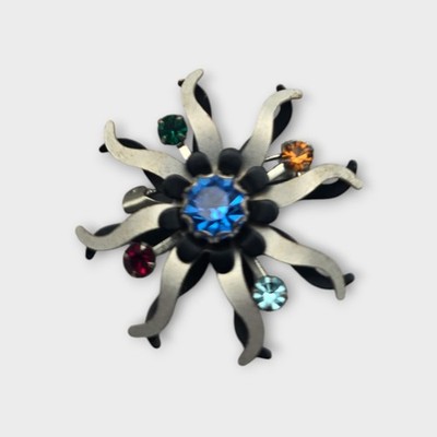 Atomic Starburst Brooch Mid Century Rhinestone Pin Silver Black Vintage Retro