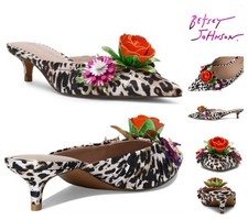 Betsey Johnson ABIGAYL Kitten Heel Mules Womens 7 M Leopard  Floral Embellished
