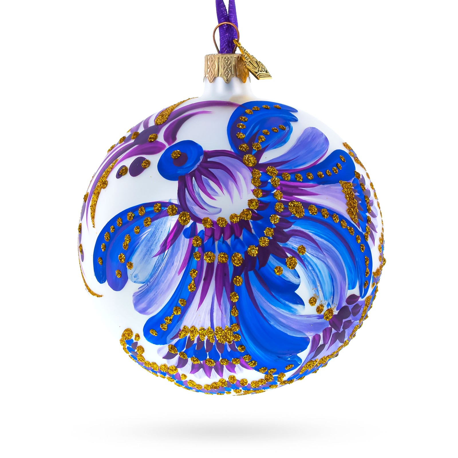 Floral Blue and Gold Glass Ball Ornament