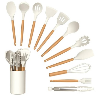 Küchenutensilien-Set, 12-teilig Silikon Kochutensilien-Set mit Holzcreme 